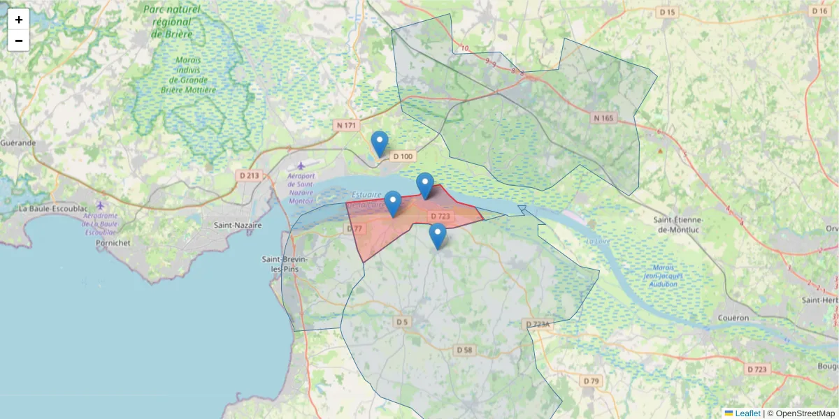 Carte de la zone du code postal  et des codes postaux voisins en France