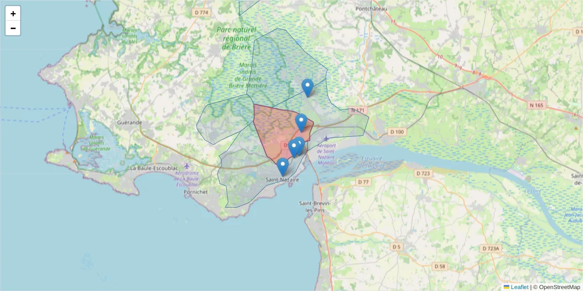 Carte de la zone du code postal  et des codes postaux voisins en France
