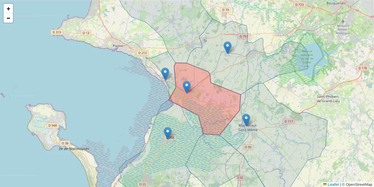 Carte de la zone du code postal  et des codes postaux voisins en France