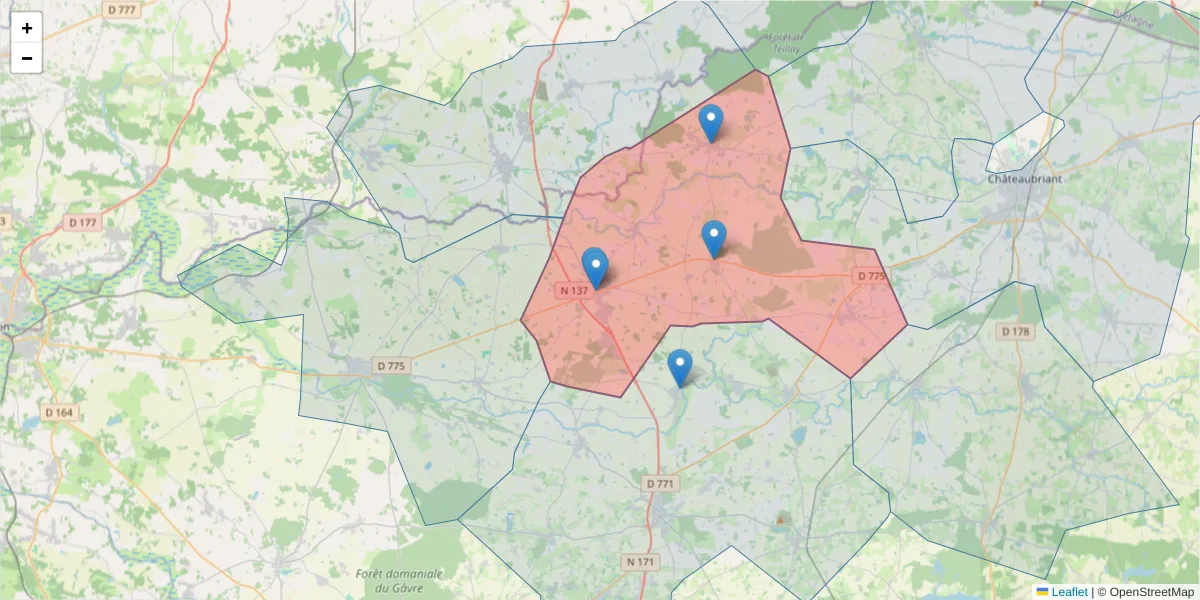Carte de la zone du code postal  et des codes postaux voisins en France