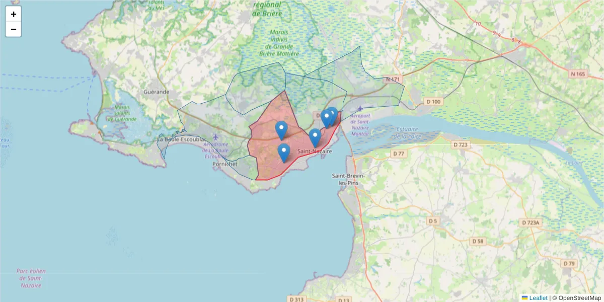 Carte de la zone du code postal  et des codes postaux voisins en France