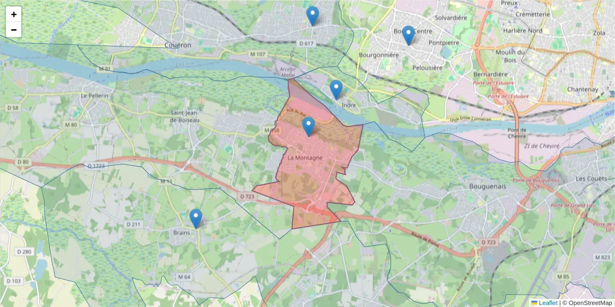 Carte de la zone du code postal  et des codes postaux voisins en France