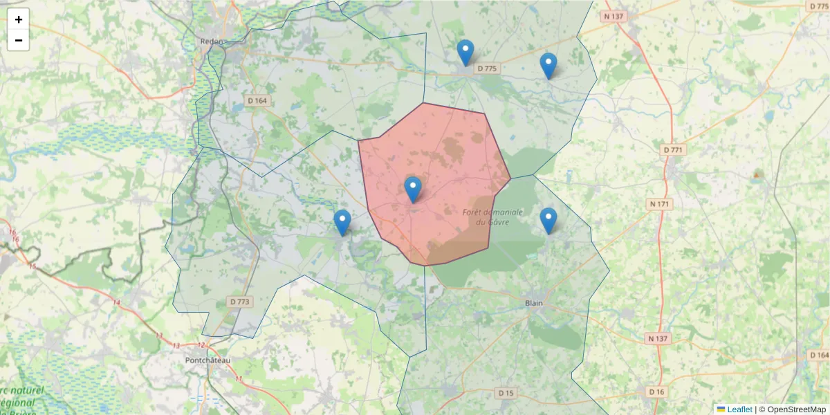 Carte de la zone du code postal  et des codes postaux voisins en France