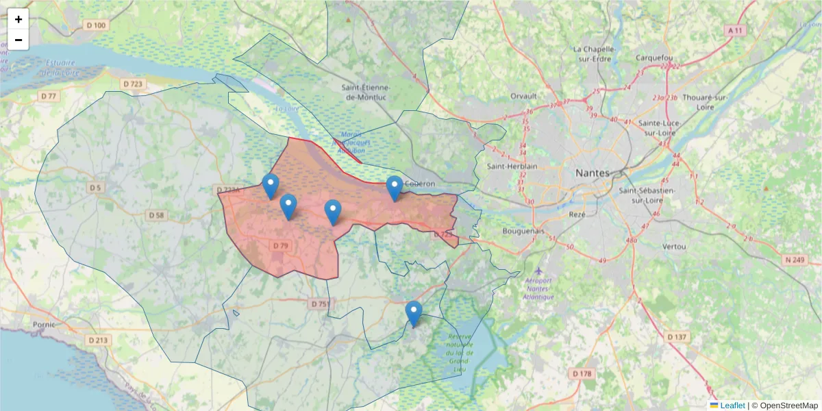 Carte de la zone du code postal  et des codes postaux voisins en France