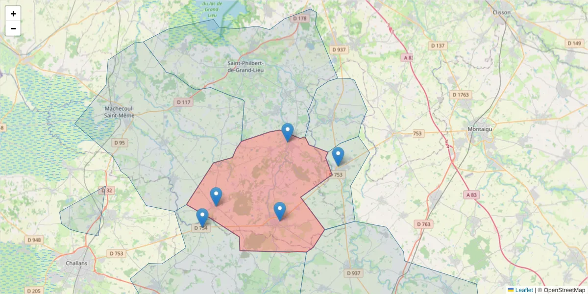 Carte de la zone du code postal  et des codes postaux voisins en France