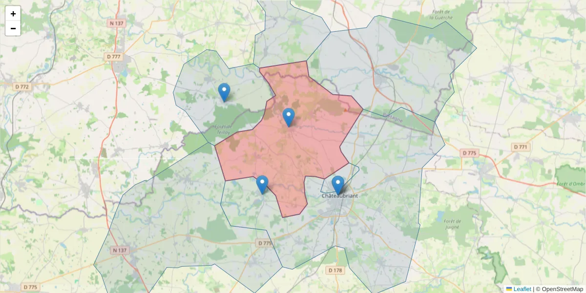 Carte de la zone du code postal  et des codes postaux voisins en France