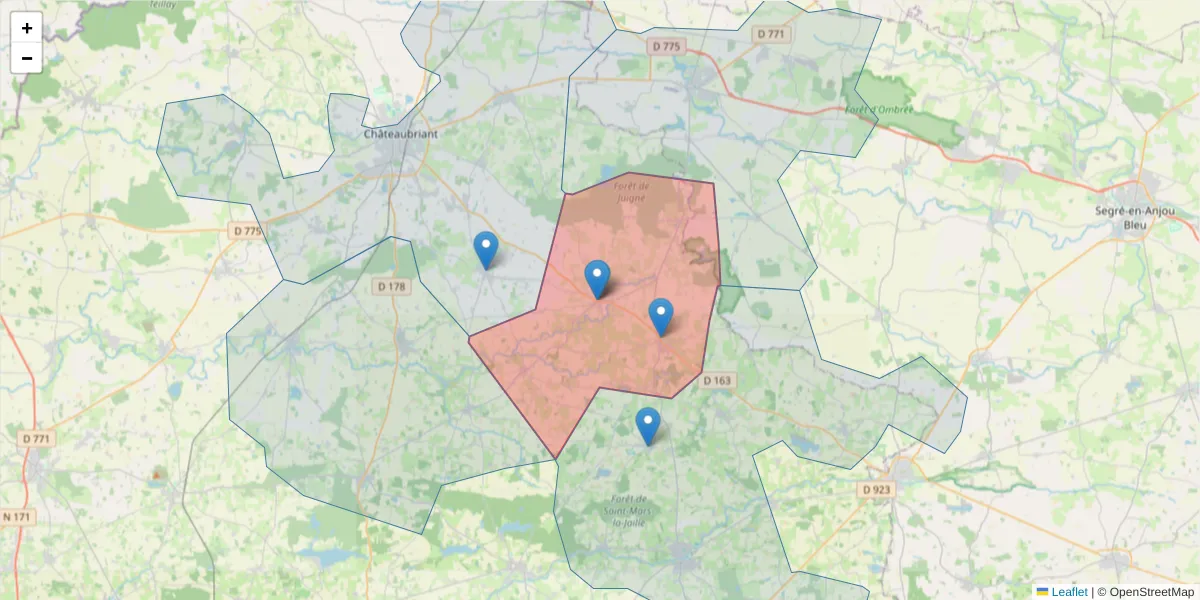 Carte de la zone du code postal  et des codes postaux voisins en France