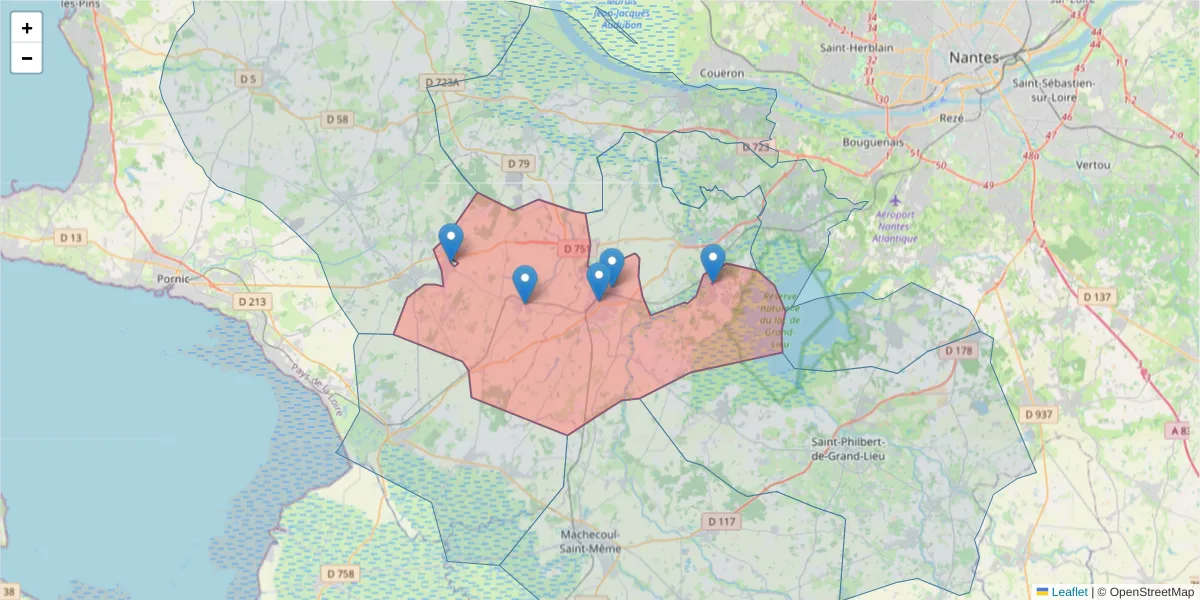Carte de la zone du code postal  et des codes postaux voisins en France