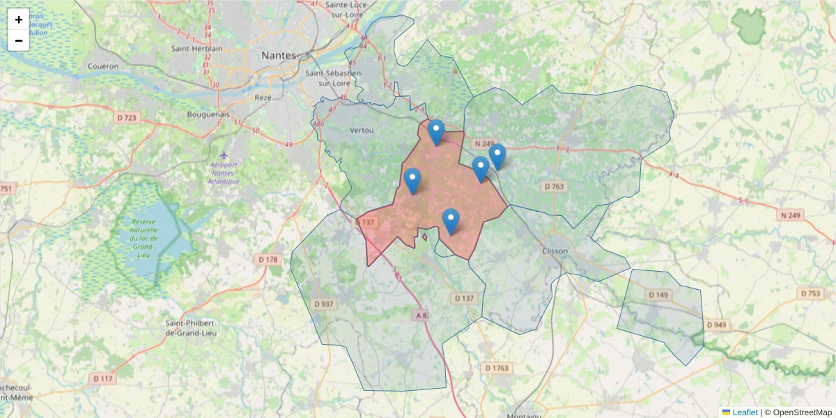 Carte de la zone du code postal  et des codes postaux voisins en France