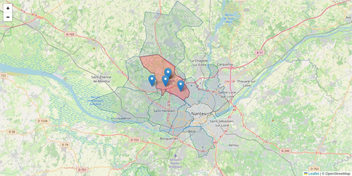 Carte de la zone du code postal  et des codes postaux voisins en France