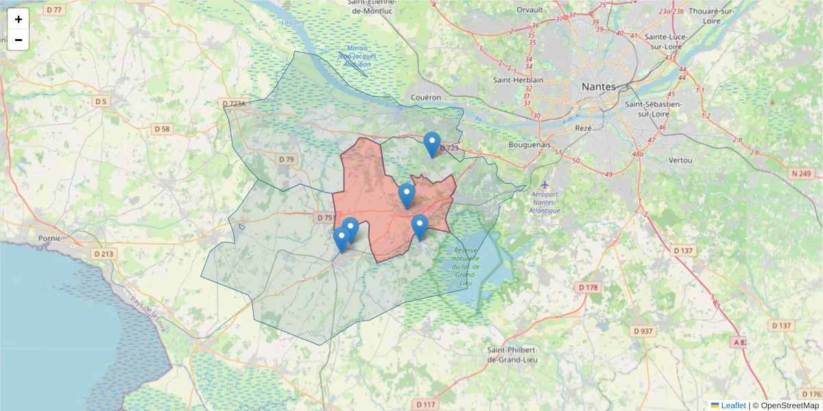 Carte de la zone du code postal  et des codes postaux voisins en France