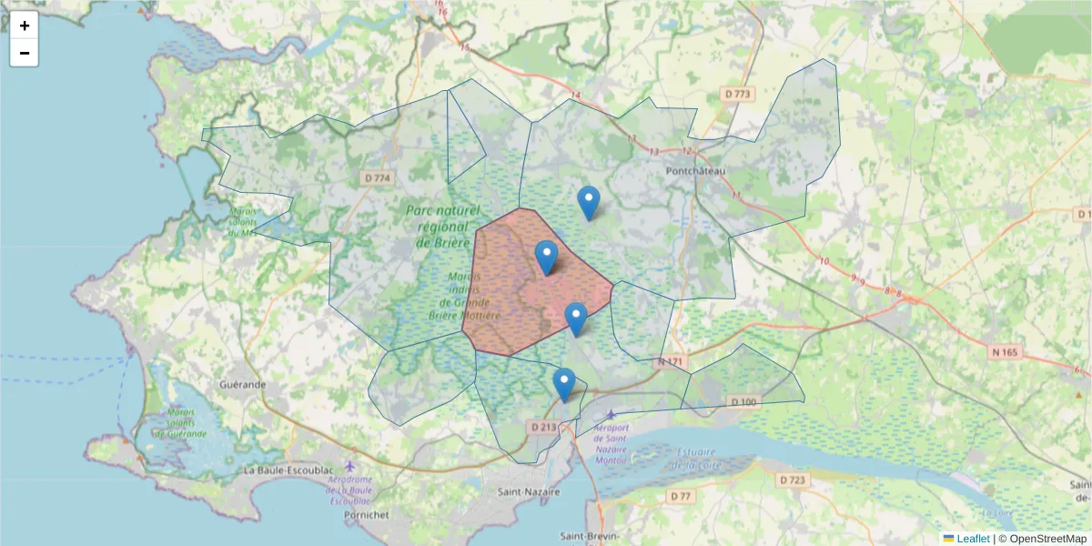 Carte de la zone du code postal  et des codes postaux voisins en France