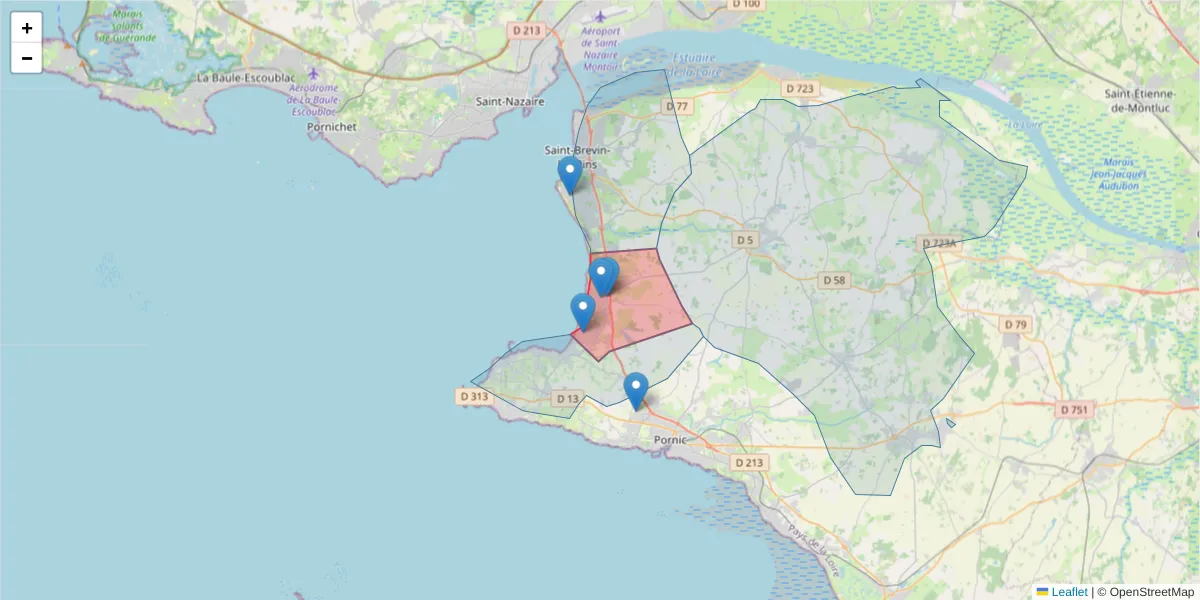 Carte de la zone du code postal  et des codes postaux voisins en France