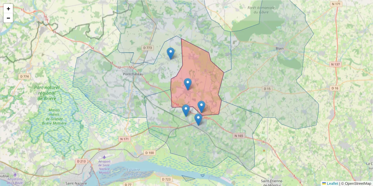 Carte de la zone du code postal  et des codes postaux voisins en France