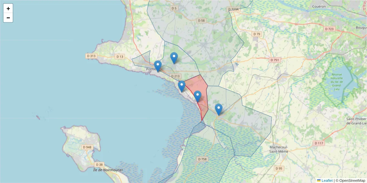Carte de la zone du code postal  et des codes postaux voisins en France