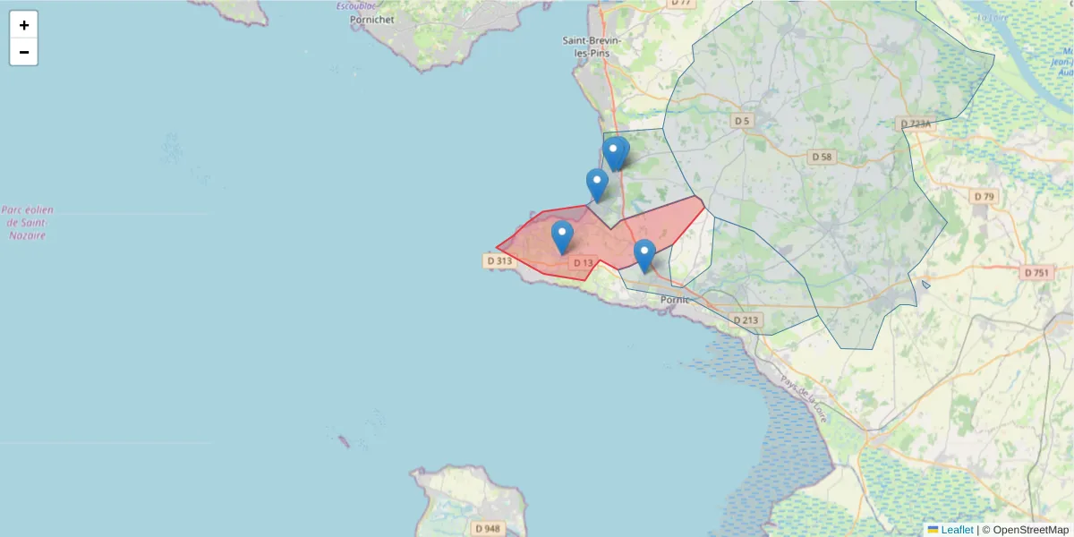 Carte de la zone du code postal  et des codes postaux voisins en France