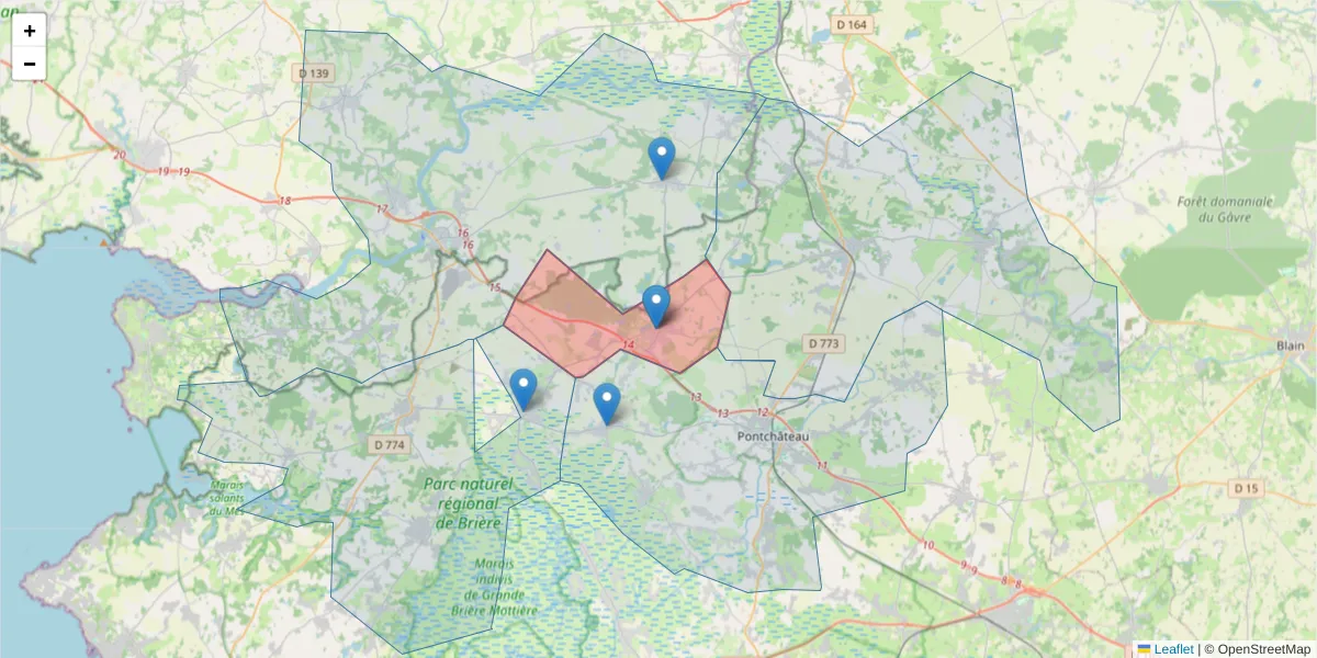 Carte de la zone du code postal  et des codes postaux voisins en France