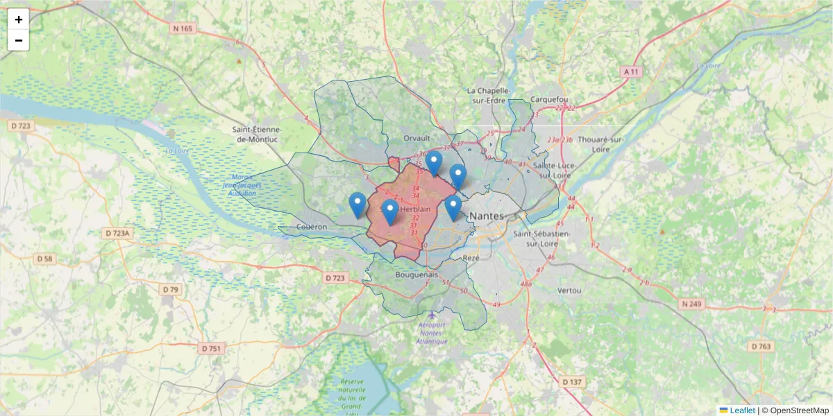 Carte de la zone du code postal  et des codes postaux voisins en France