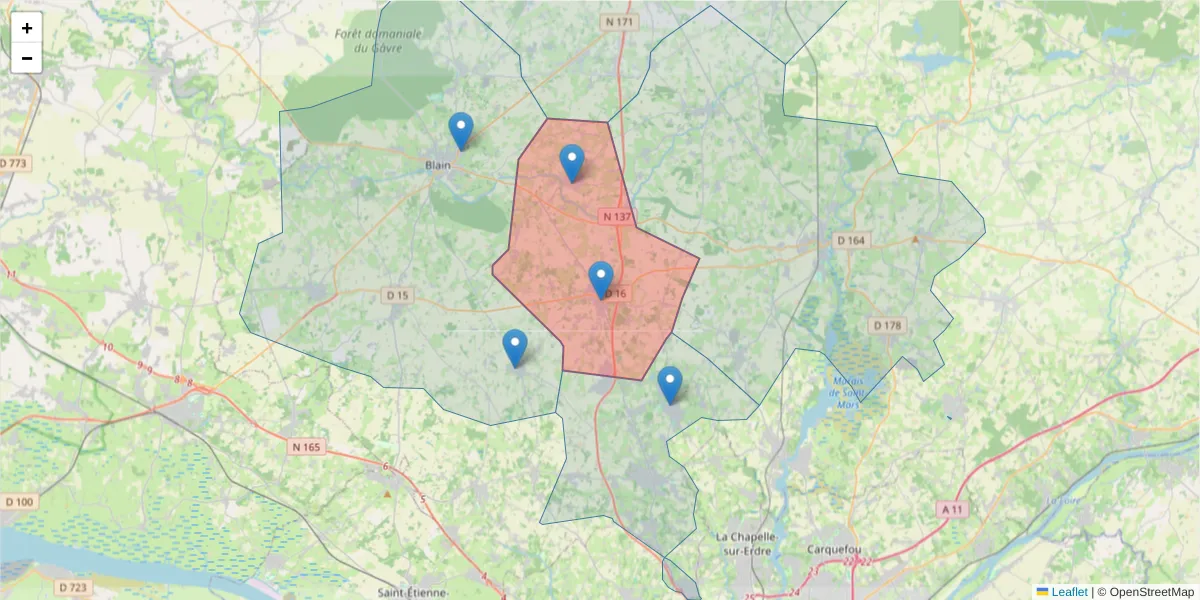 Carte de la zone du code postal  et des codes postaux voisins en France