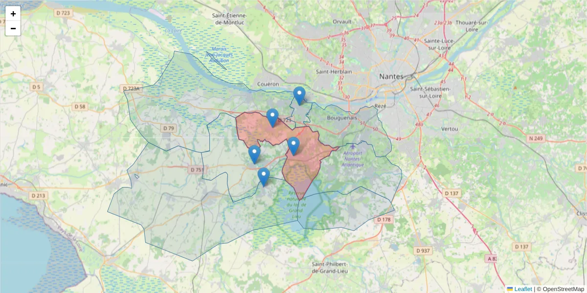 Carte de la zone du code postal  et des codes postaux voisins en France
