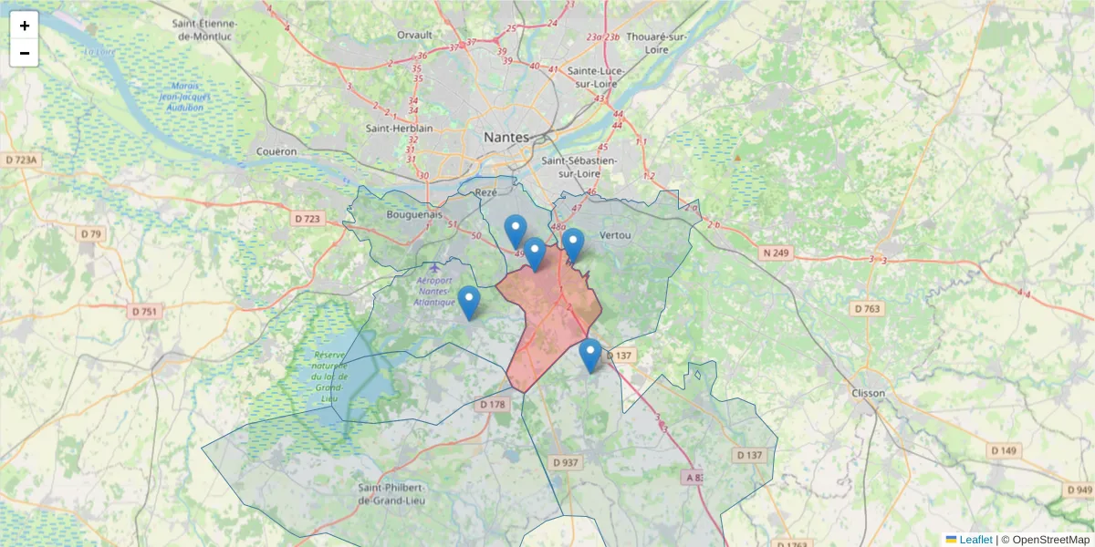 Carte de la zone du code postal  et des codes postaux voisins en France