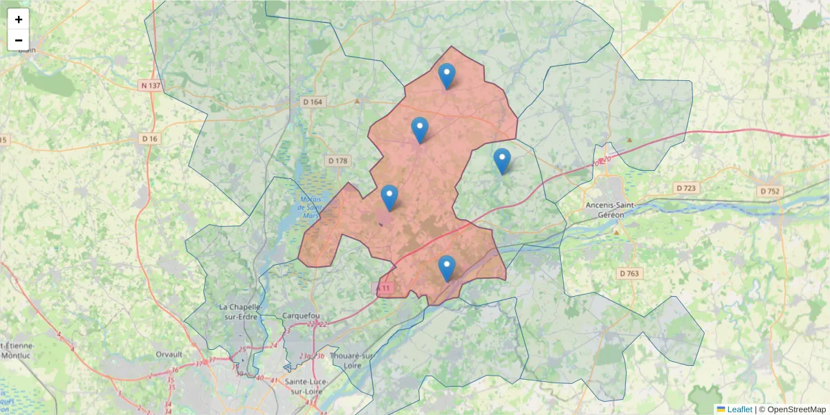 Carte de la zone du code postal  et des codes postaux voisins en France