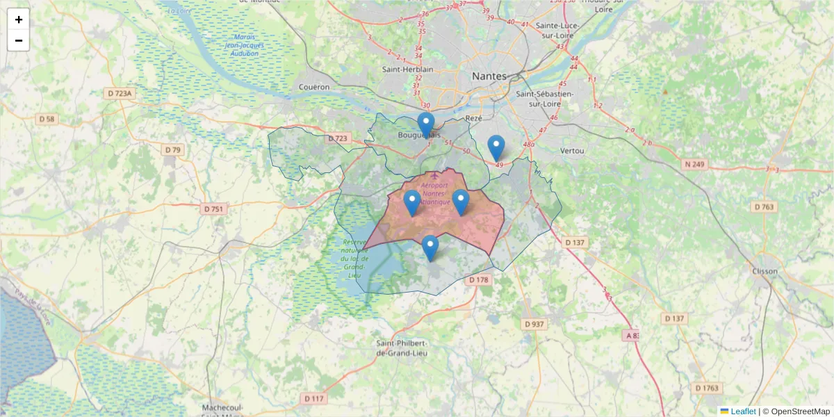 Carte de la zone du code postal  et des codes postaux voisins en France