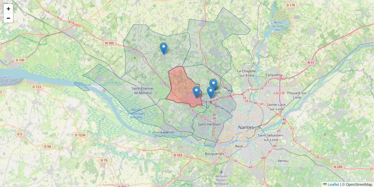 Carte de la zone du code postal  et des codes postaux voisins en France