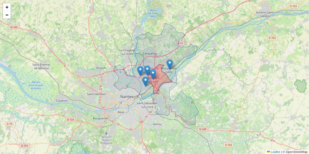 Carte de la zone du code postal  et des codes postaux voisins en France