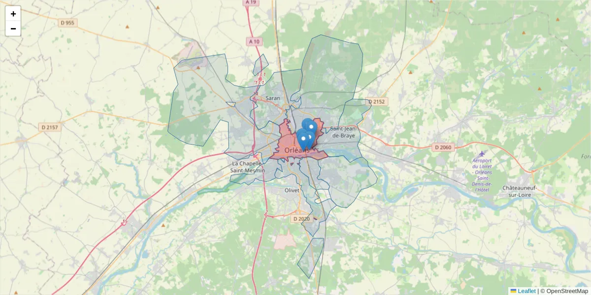 Carte de la zone du code postal  et des codes postaux voisins en France