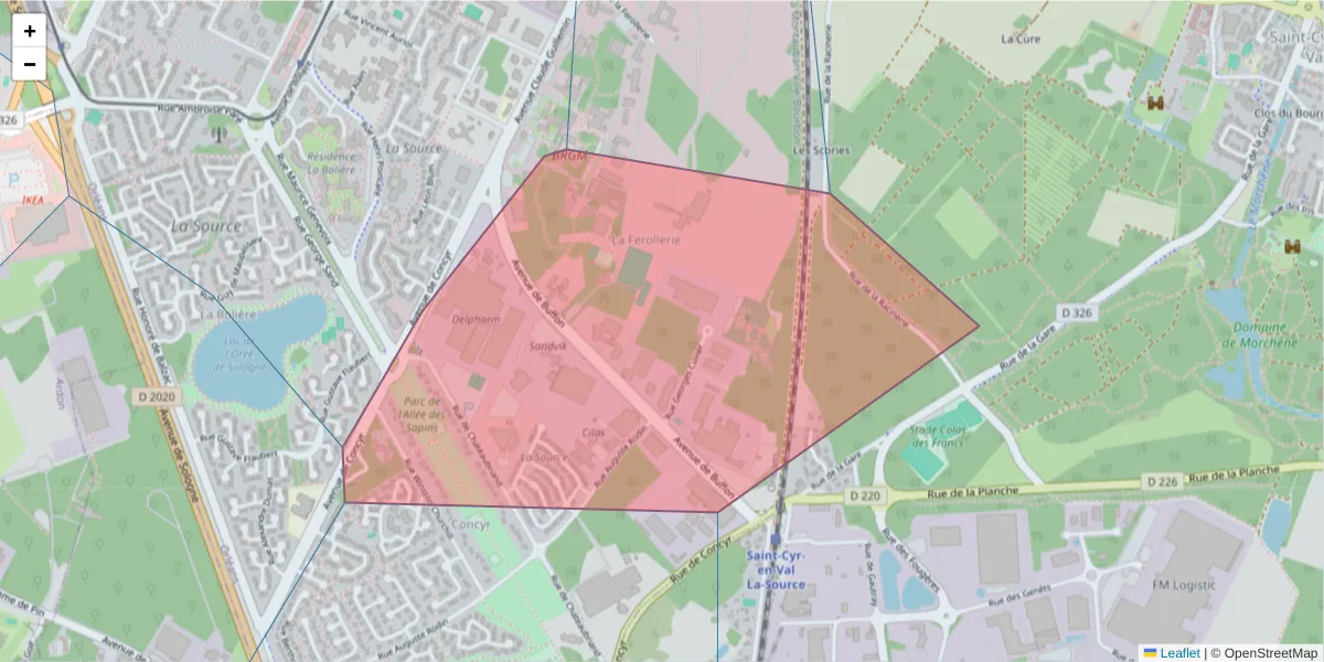 Carte de la zone du code postal  et des codes postaux voisins en France
