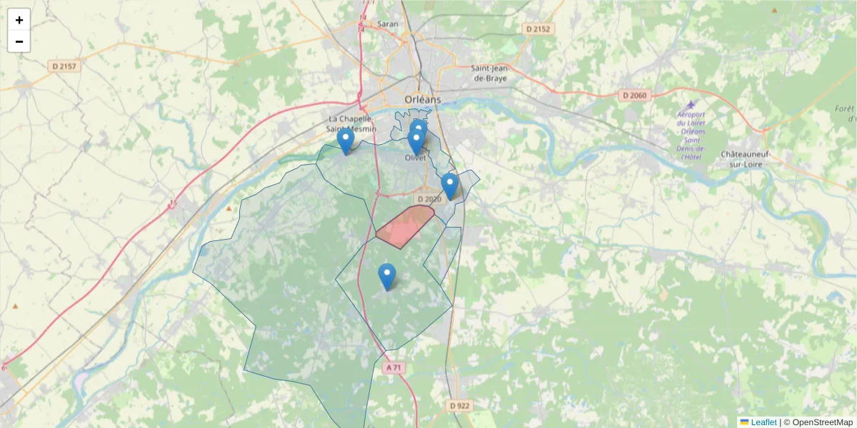 Carte de la zone du code postal  et des codes postaux voisins en France