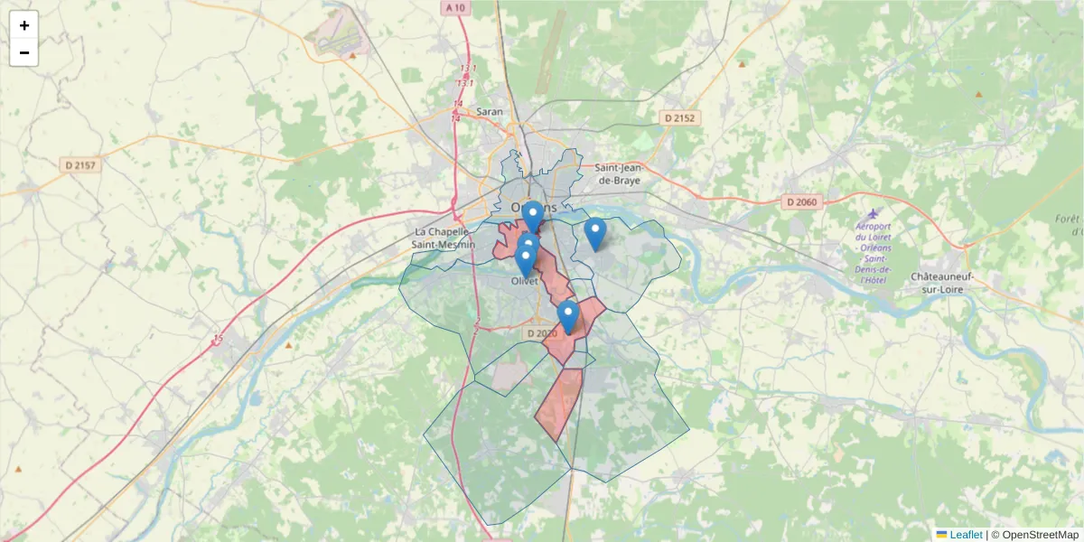 Carte de la zone du code postal  et des codes postaux voisins en France
