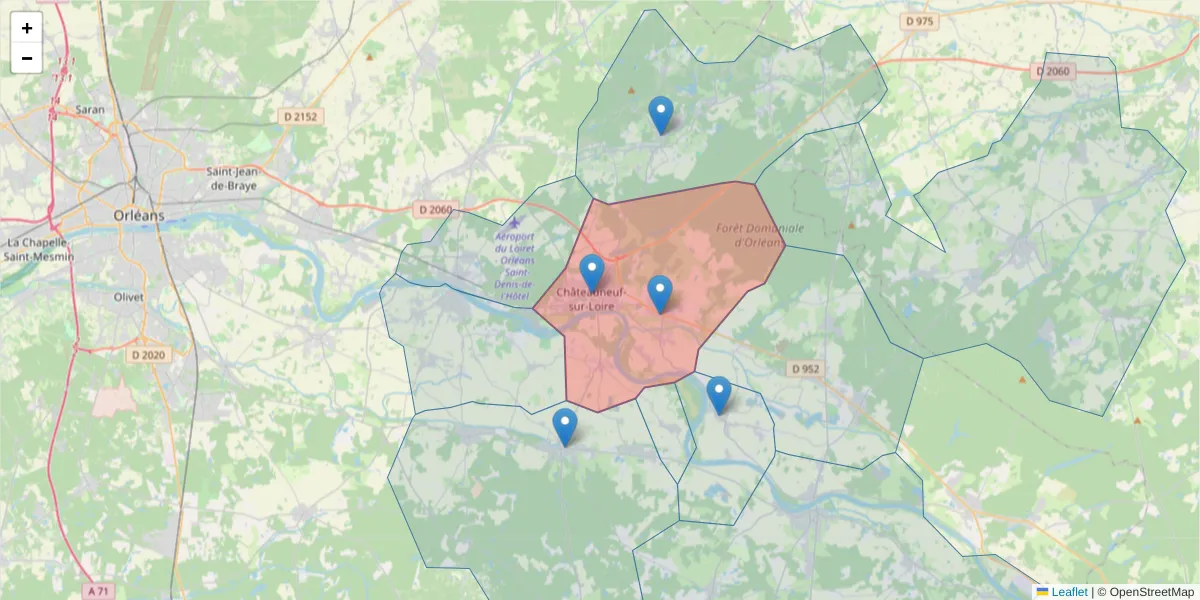 Carte de la zone du code postal  et des codes postaux voisins en France