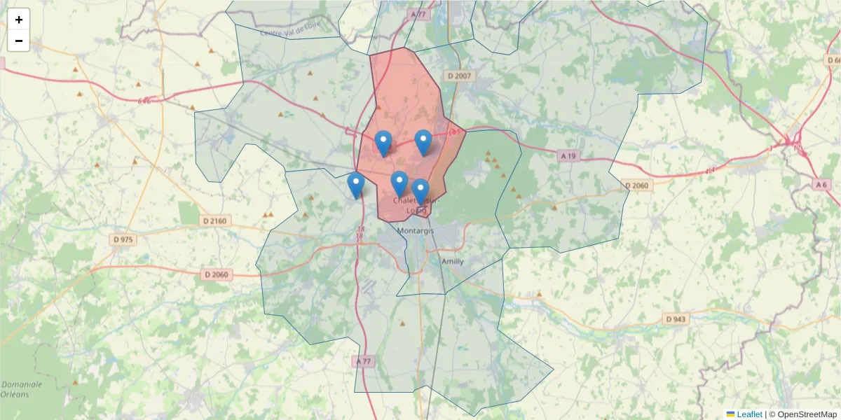 Carte de la zone du code postal  et des codes postaux voisins en France