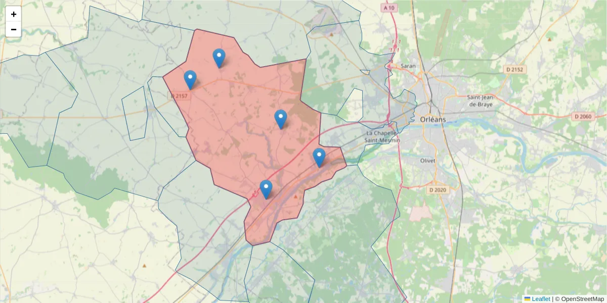 Carte de la zone du code postal  et des codes postaux voisins en France