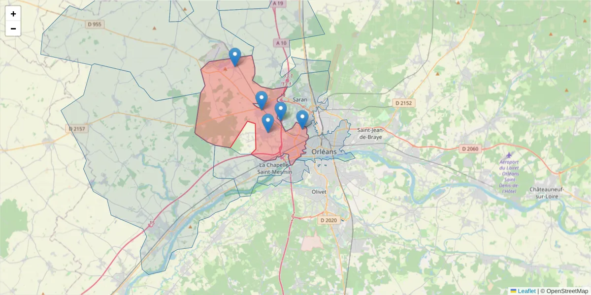 Carte de la zone du code postal  et des codes postaux voisins en France