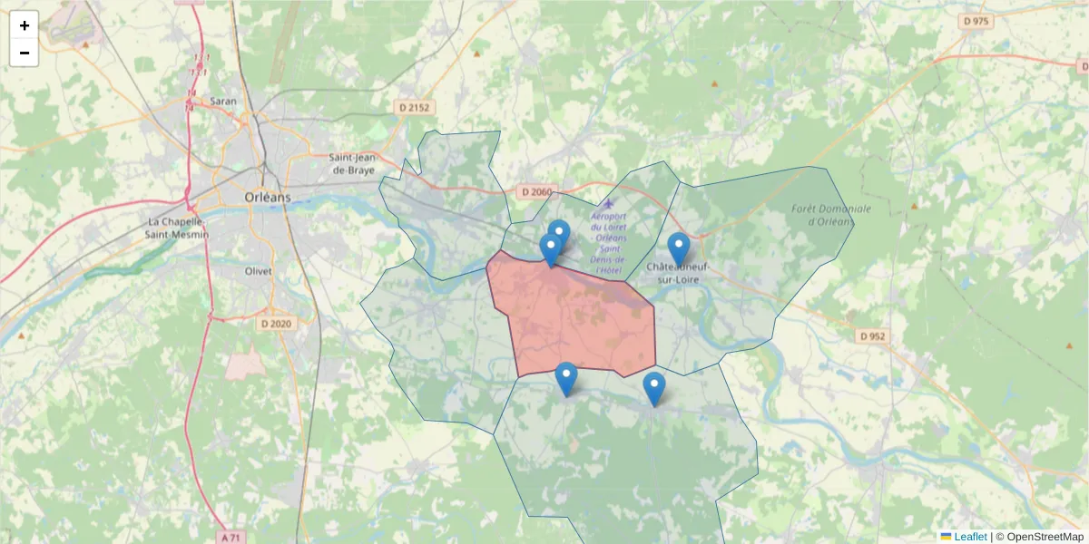 Carte de la zone du code postal  et des codes postaux voisins en France