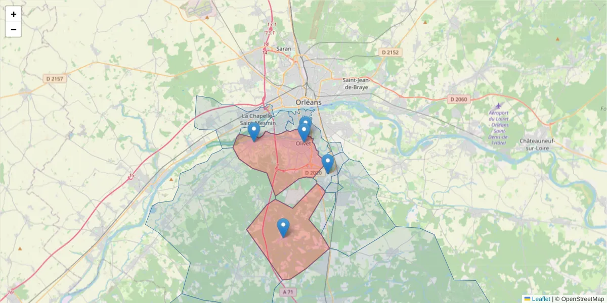 Carte de la zone du code postal  et des codes postaux voisins en France