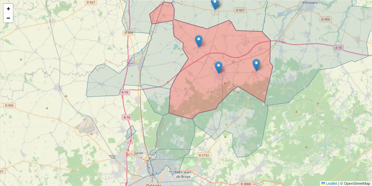 Carte de la zone du code postal  et des codes postaux voisins en France