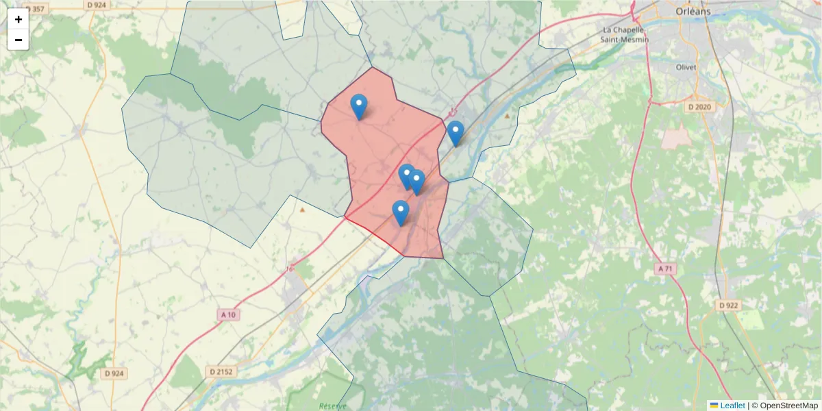 Carte de la zone du code postal  et des codes postaux voisins en France