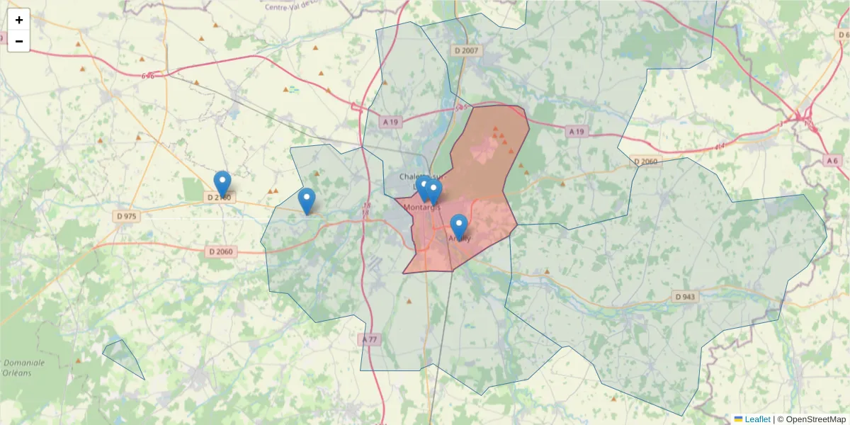Carte de la zone du code postal  et des codes postaux voisins en France