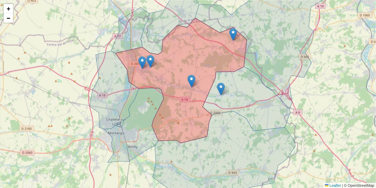 Carte de la zone du code postal  et des codes postaux voisins en France