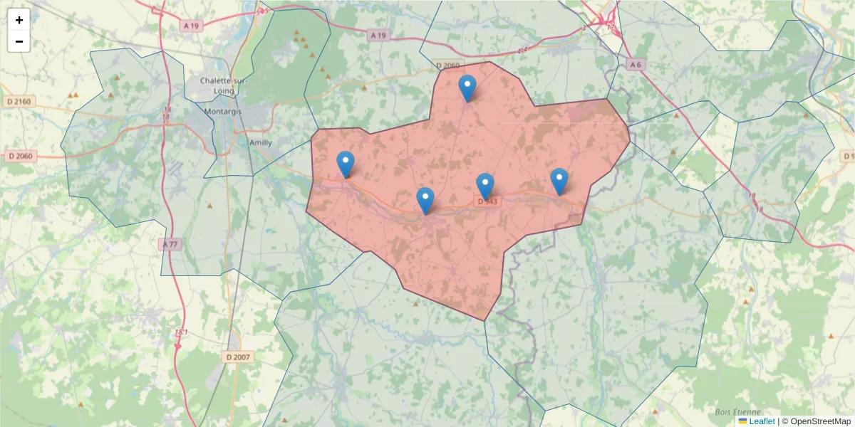 Carte de la zone du code postal  et des codes postaux voisins en France