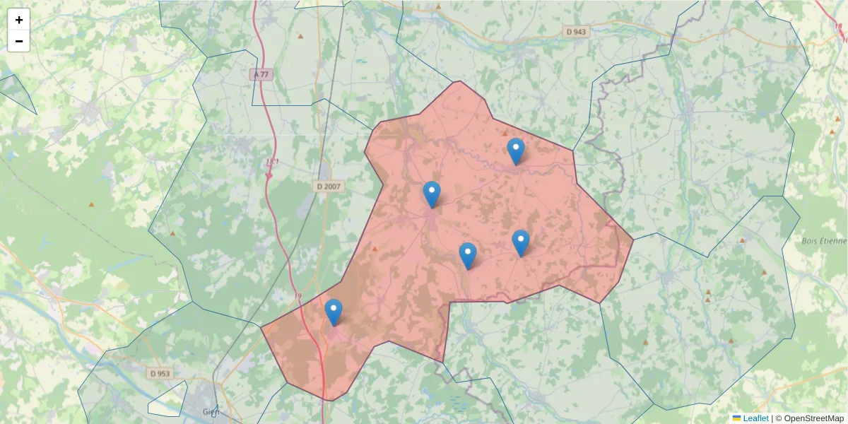 Carte de la zone du code postal  et des codes postaux voisins en France