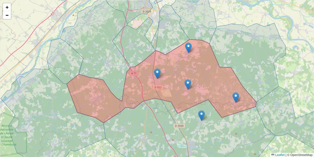 Carte de la zone du code postal  et des codes postaux voisins en France