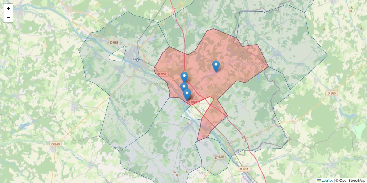 Carte de la zone du code postal  et des codes postaux voisins en France