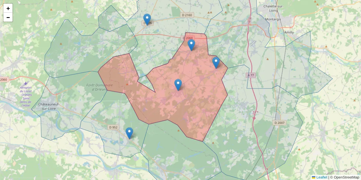 Carte de la zone du code postal  et des codes postaux voisins en France