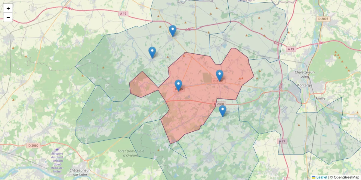 Carte de la zone du code postal  et des codes postaux voisins en France