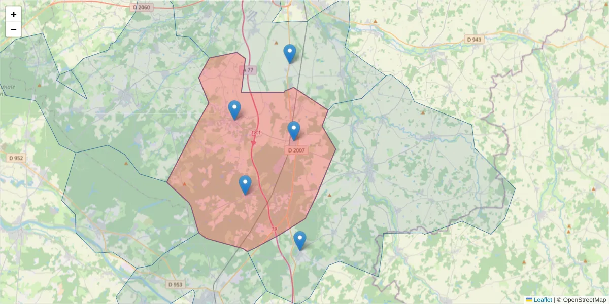 Carte de la zone du code postal  et des codes postaux voisins en France